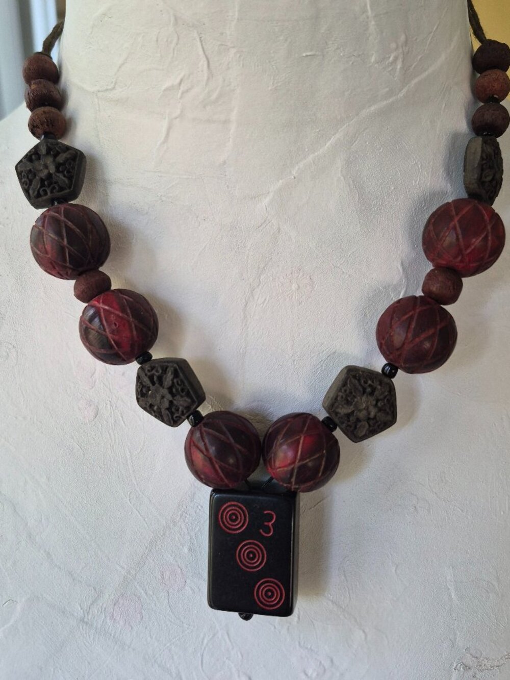 One-of-a-kind Necklace carved Brown and Red Cinnabar beads with Mahjong 3 Tile - Picture 7 of 8
